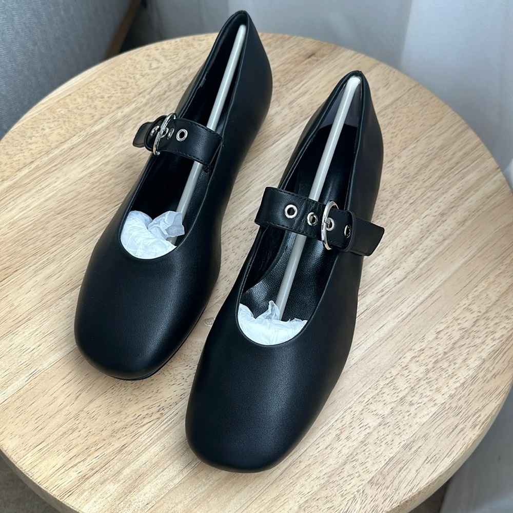 Black leather flats with silver buckle detail. Size 7. Never been worn.